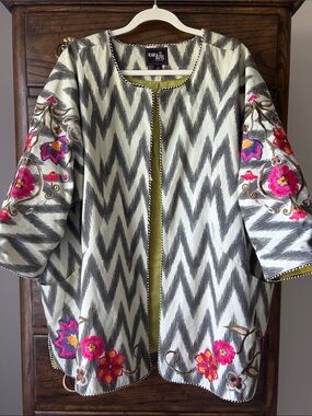 Rara Avis Gray Chevron Embroidered Open-Front Jacket - Size 2X